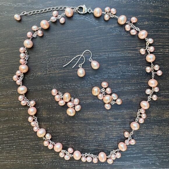 HONORA Sterling Silver Pink Pearl Cluster NECKLACE & Drop Earrings 16" - 19" - Picture 4 of 14